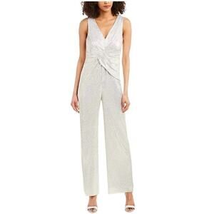 NWT Adrianna Papell V-Neck Wide Leg Jumpsuit Silver Metallic Womens Size 2